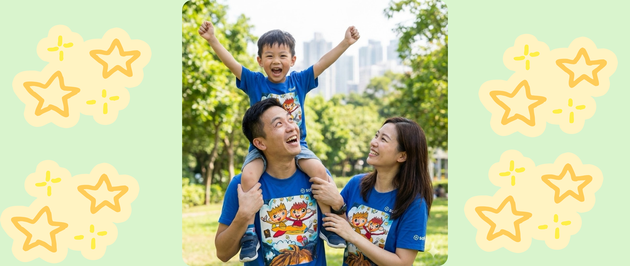 Family wearing kids artwork shirts in the park